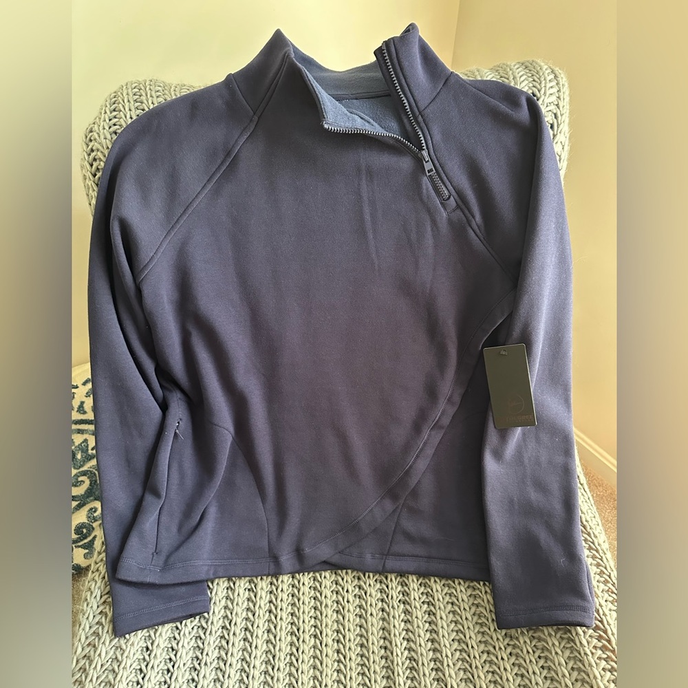 Womens Navy Blue asymmetrical zip collar & front hem fleece pullover sweatshirt